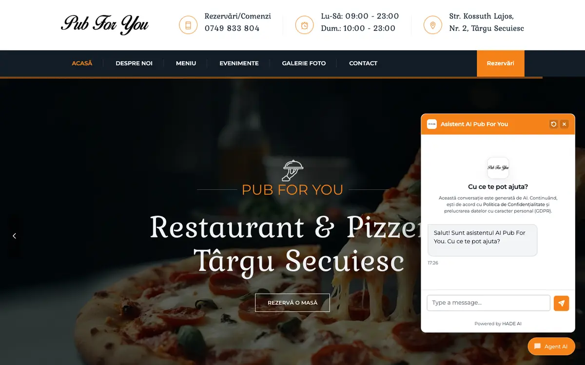 Site-ul pubforyou.ro cu chatbotul deschis